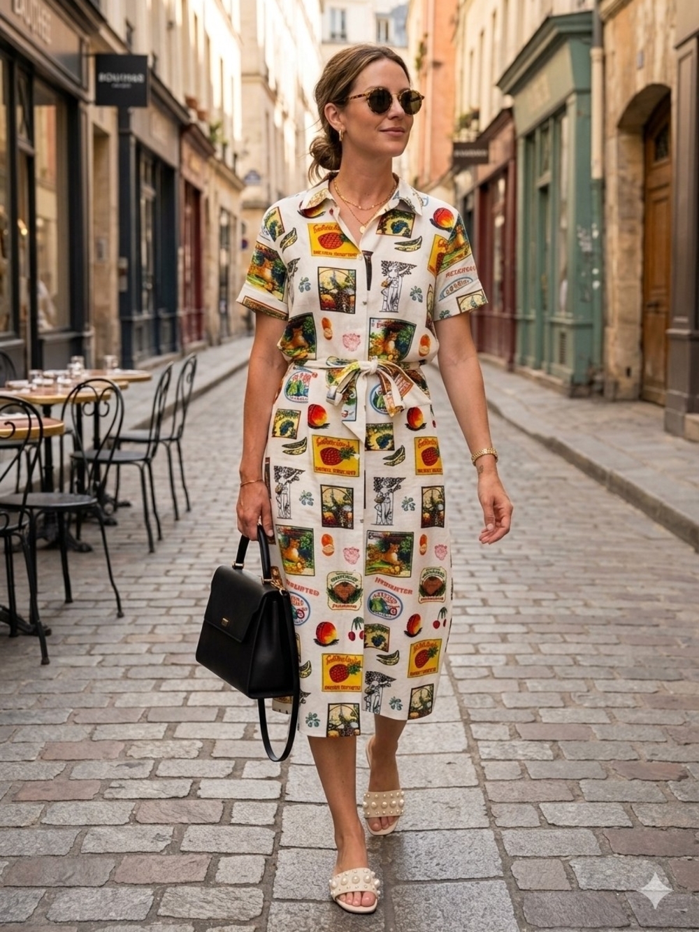 Jane Delancey Fruit Novelty Postcard Travel Midi Shirt Dress Linen Blend